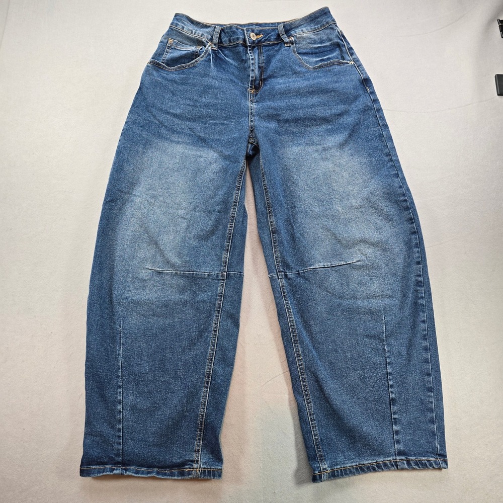 Sidefeel Women Medium Wash Wide Leg Barrel Horseshoe Jeans Size 10 High Rise